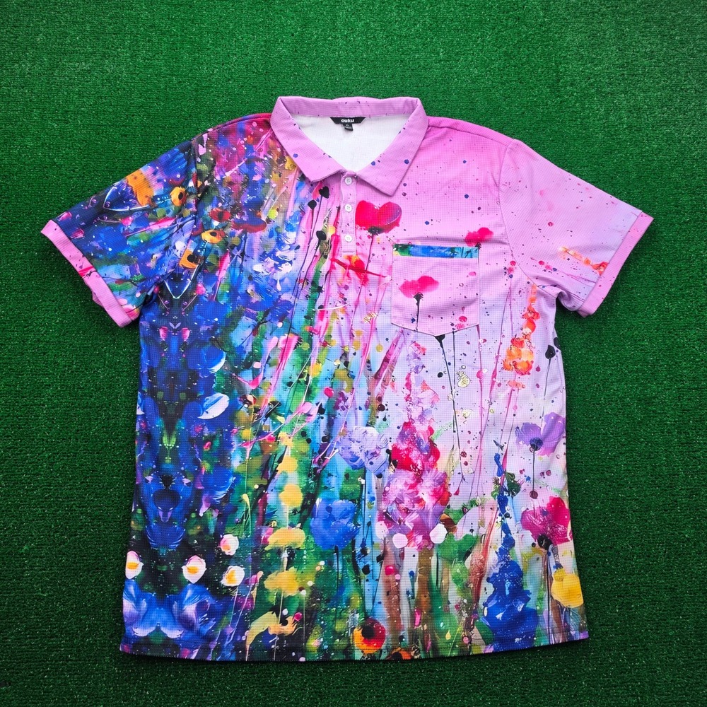 Ouku Performance Polo Mens XL Abstract Wildflower Paint Splatter Golf Casual